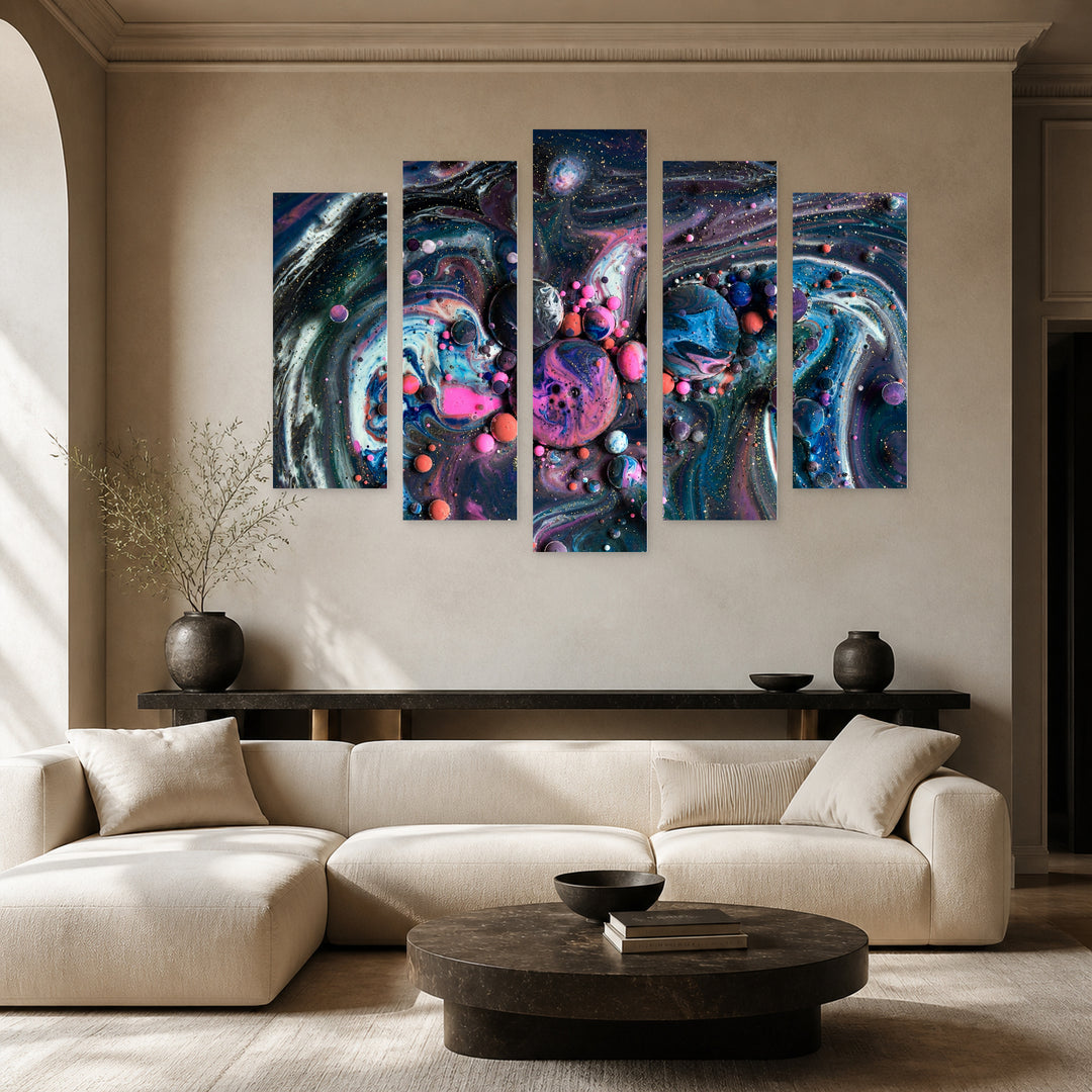 Abstractions in Dark Shades with Geometric Rhythm — five-panel wall art in frontal interior | 5wallart 54977 M3