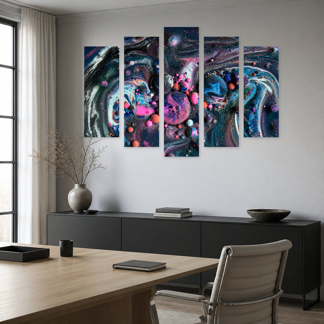 Abstractions in Dark Shades with Geometric Rhythm — five-panel wall art in alternate frontal interior | 5wallart 54977 M4