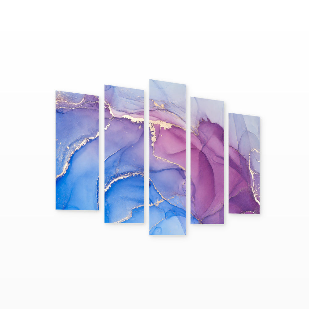 Marble Gradient in Purple with Geometric Rhythm — five-panel wall art on white background in perspective | 5wallart 54978 M1