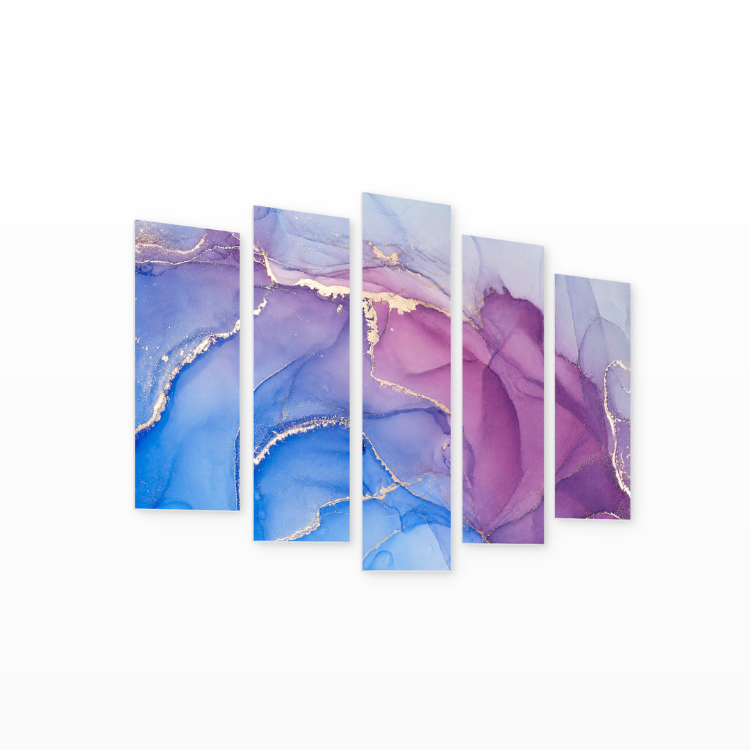 Marble Gradient in Purple with Geometric Rhythm — five-panel wall art on white background in perspective | 5wallart 54978 M1