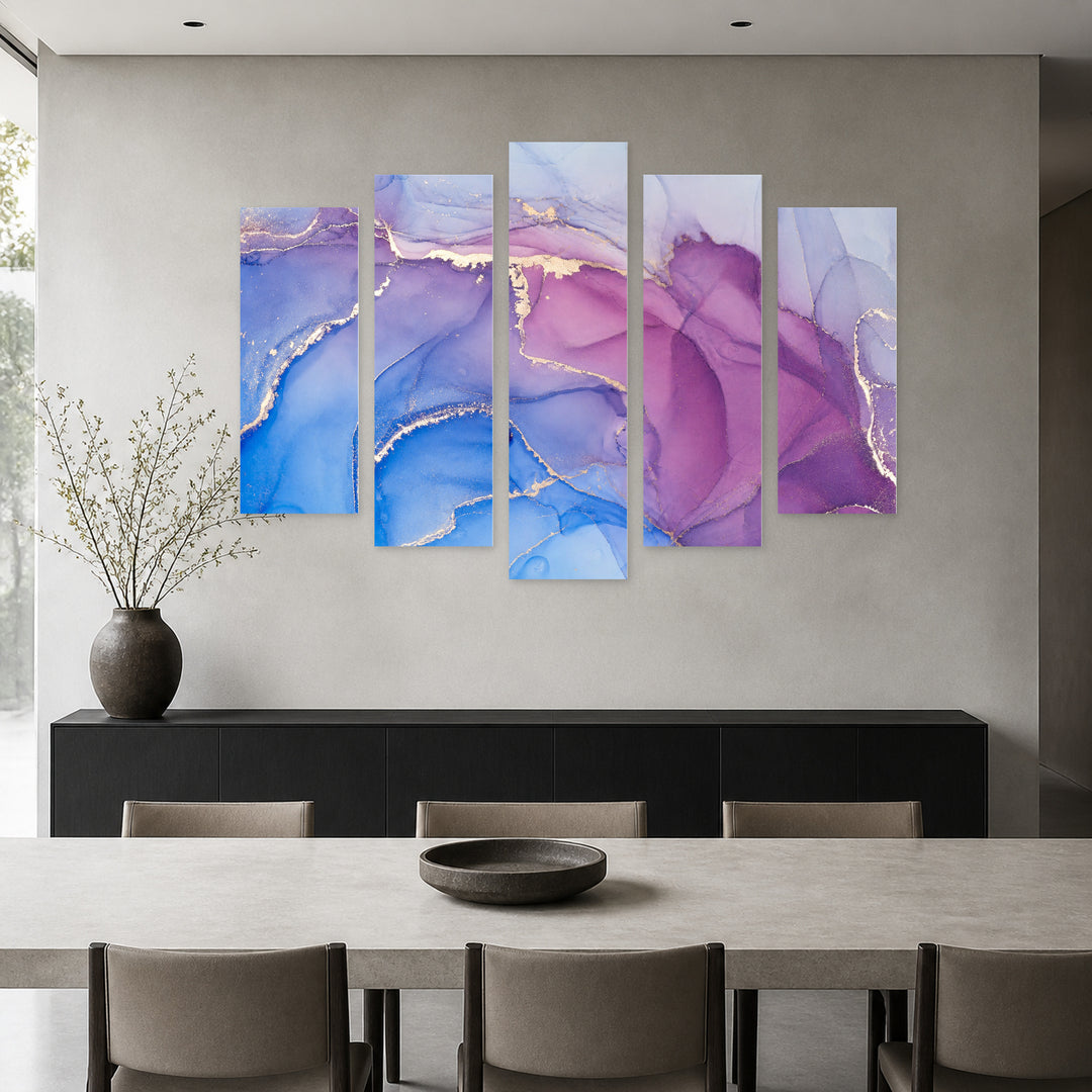 Marble Gradient in Purple with Geometric Rhythm — five-panel wall art in frontal interior | 5wallart 54978 M3