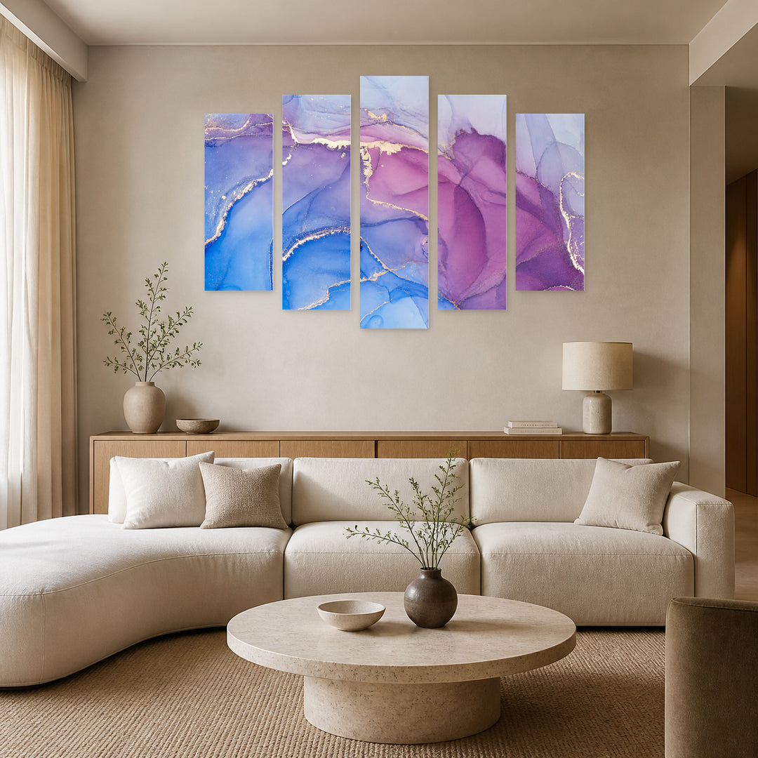 Marble Gradient in Purple with Geometric Rhythm — five-panel wall art in alternate frontal interior | 5wallart 54978 M4