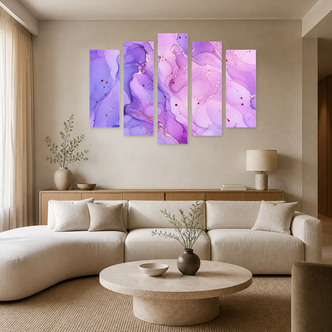 Abstract Purple Texture with Geometric Rhythm — five-panel wall art in frontal interior | 5wallart 54979 M3