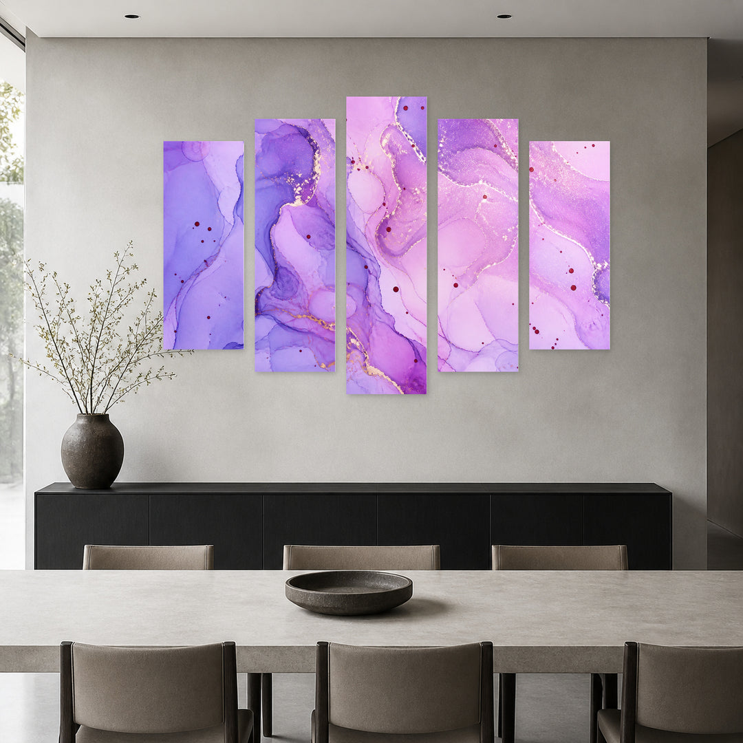 Abstract Purple Texture with Geometric Rhythm — five-panel wall art in alternate frontal interior | 5wallart 54979 M4