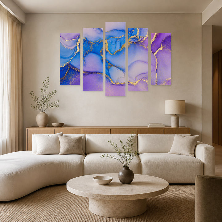 Abstract Purple Gradients Modern Composition — five-panel wall art in alternate frontal interior | 5wallart 54980 M4