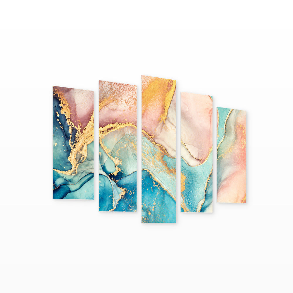 Abstraction in Natural Shades with Geometric Rhythm — five-panel wall art on white background in perspective | 5wallart 54981 M1