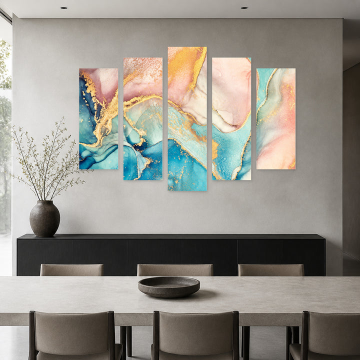 Abstraction in Natural Shades with Geometric Rhythm — five-panel wall art in alternate frontal interior | 5wallart 54981 M4