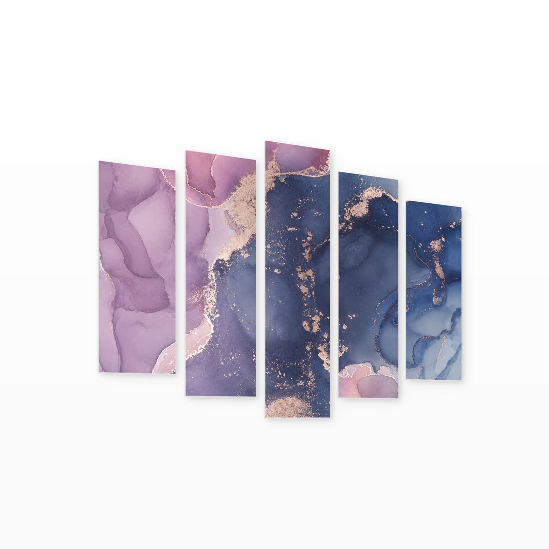 Marble Abstraction in Purple with Geometric Rhythm — five-panel wall art on white background in perspective | 5wallart 54982 M1