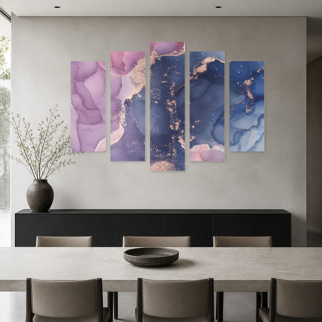 Marble Abstraction in Purple with Geometric Rhythm — five-panel wall art in frontal interior | 5wallart 54982 M3