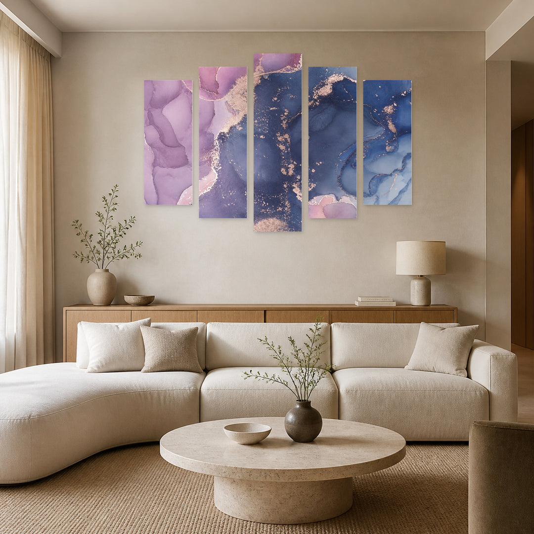 Marble Abstraction in Purple with Geometric Rhythm — five-panel wall art in alternate frontal interior | 5wallart 54982 M4