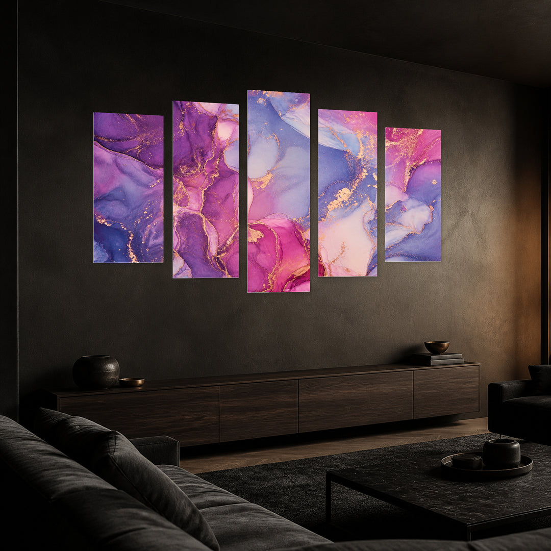 Abstractions in Pink Shades with Dreamlike Atmosphere — five-panel wall art in perspective interior | 5wallart 54983 M2