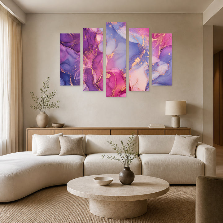 Abstractions in Pink Shades with Dreamlike Atmosphere — five-panel wall art in frontal interior | 5wallart 54983 M3