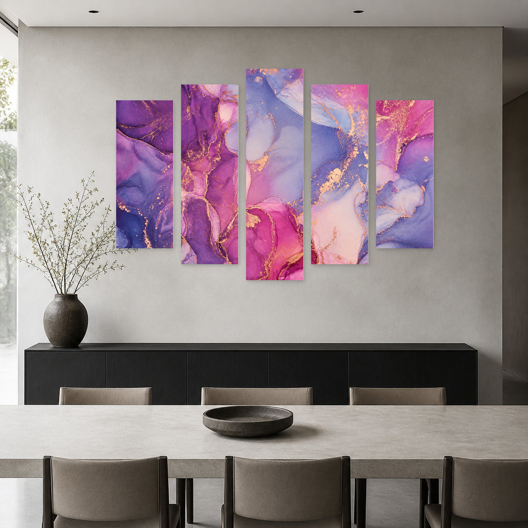Abstractions in Pink Shades with Dreamlike Atmosphere — five-panel wall art in alternate frontal interior | 5wallart 54983 M4