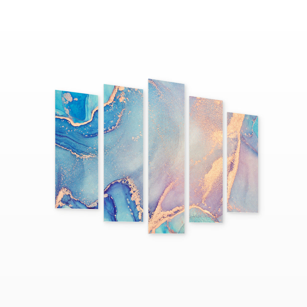 Abstractions in Sky Shades with Geometric Rhythm — five-panel wall art on white background in perspective | 5wallart 54985 M1