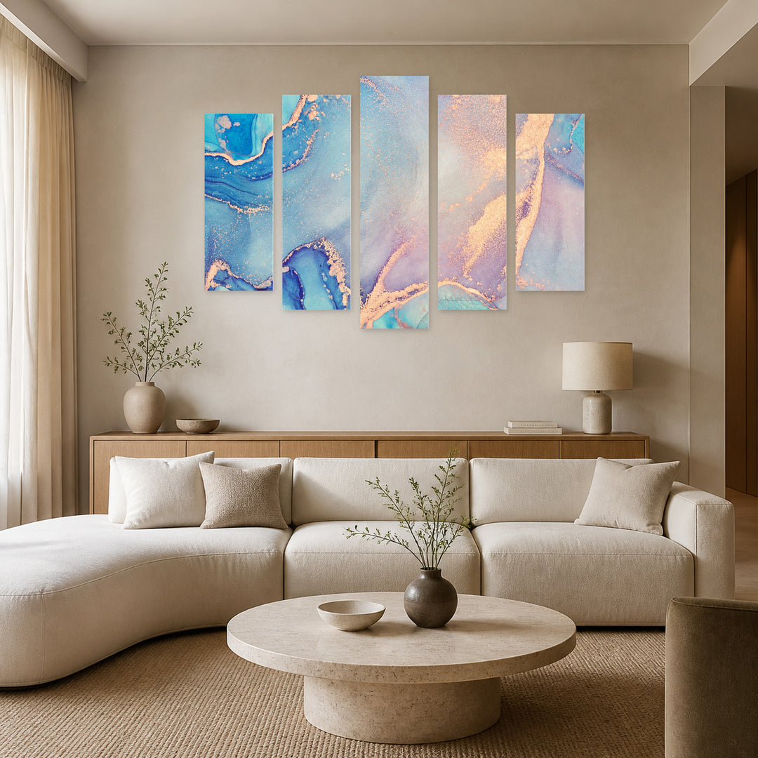 Abstractions in Sky Shades with Geometric Rhythm — five-panel wall art in frontal interior | 5wallart 54985 M3