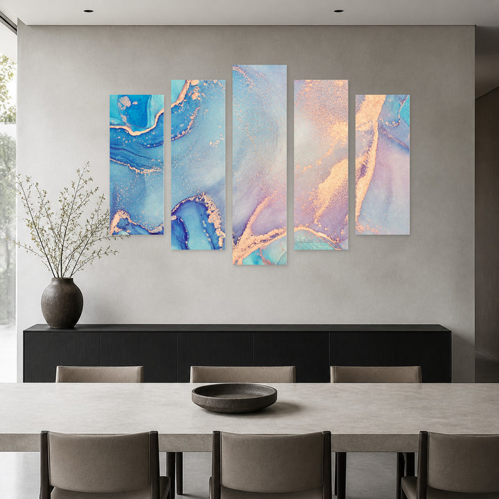 Abstractions in Sky Shades with Geometric Rhythm — five-panel wall art in alternate frontal interior | 5wallart 54985 M4