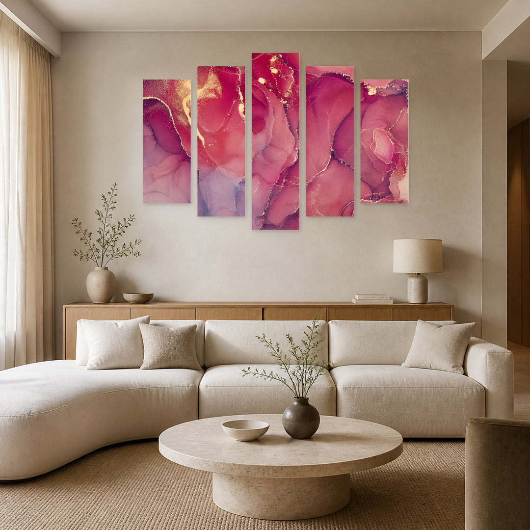 Red Abstraction with Dramatic Contrast — five-panel wall art in alternate frontal interior | 5wallart 54986 M4