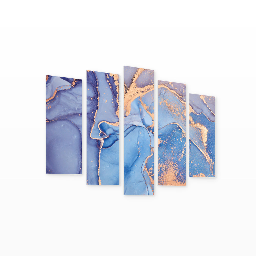 Abstract Gradients in Blue and Gold — five-panel wall art on white background in perspective | 5wallart 54988 M1