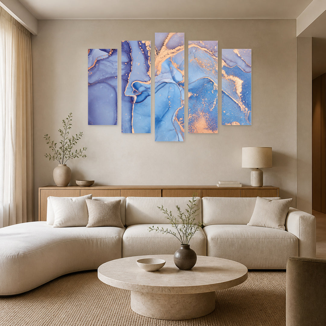 Abstract Gradients in Blue and Gold — five-panel wall art in alternate frontal interior | 5wallart 54988 M4