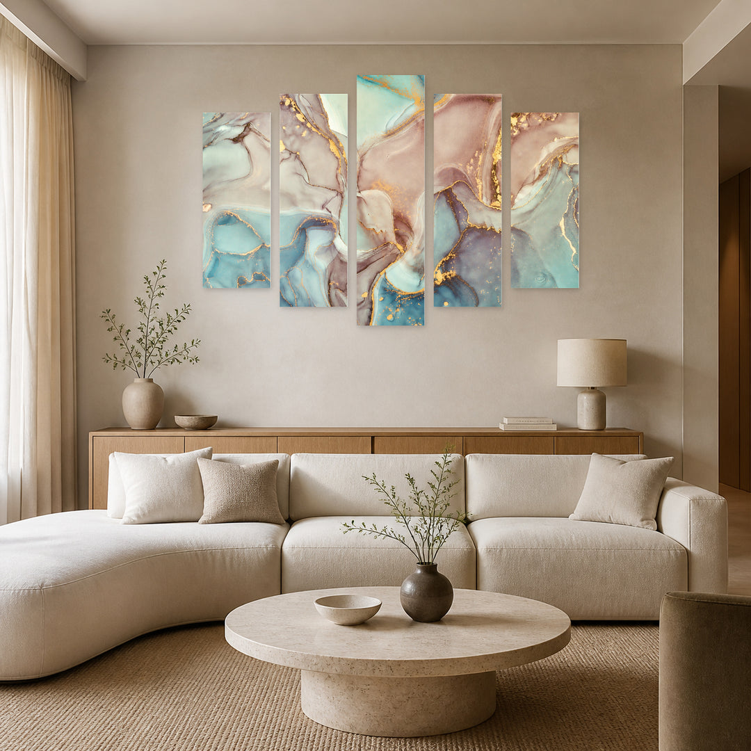 Abstract Gradients in Earth Tones in Serene Light — five-panel wall art in frontal interior | 5wallart 54989 M3