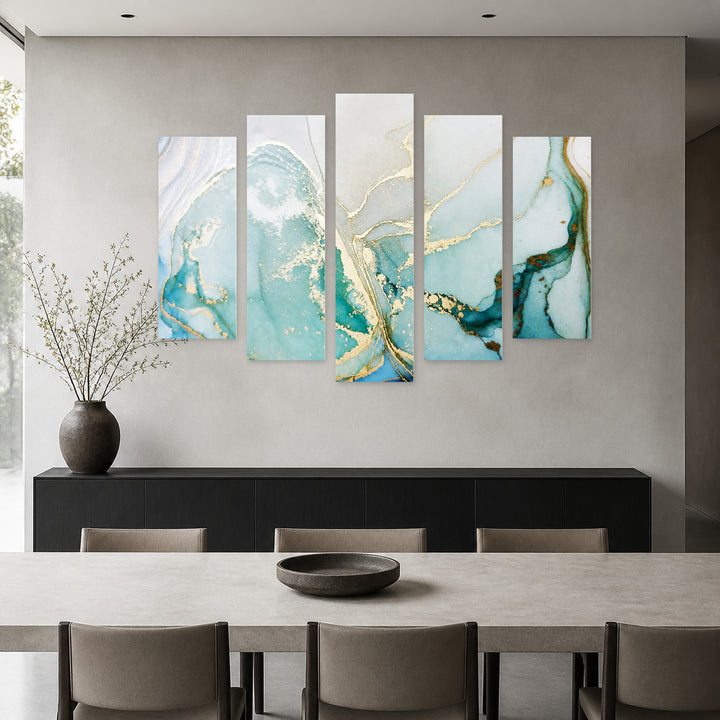 Abstraction in Soft Colors - 7 Modern Composition — five-panel wall art in frontal interior | 5wallart 54990 M3