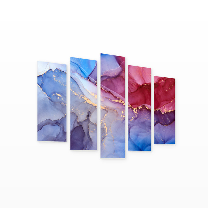 Multicolor Marble Abstraction in Blue and Gold — five-panel wall art on white background in perspective | 5wallart 54992 M1