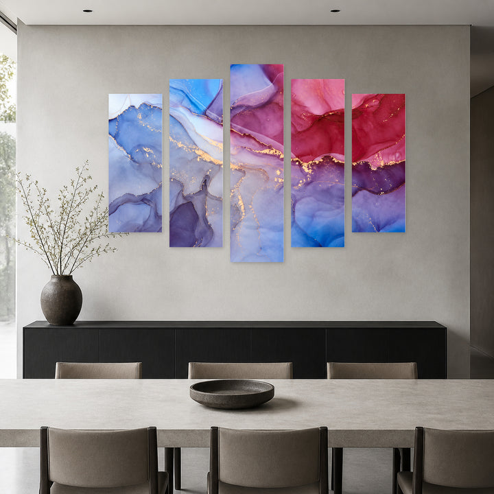 Multicolor Marble Abstraction in Blue and Gold — five-panel wall art in frontal interior | 5wallart 54992 M3