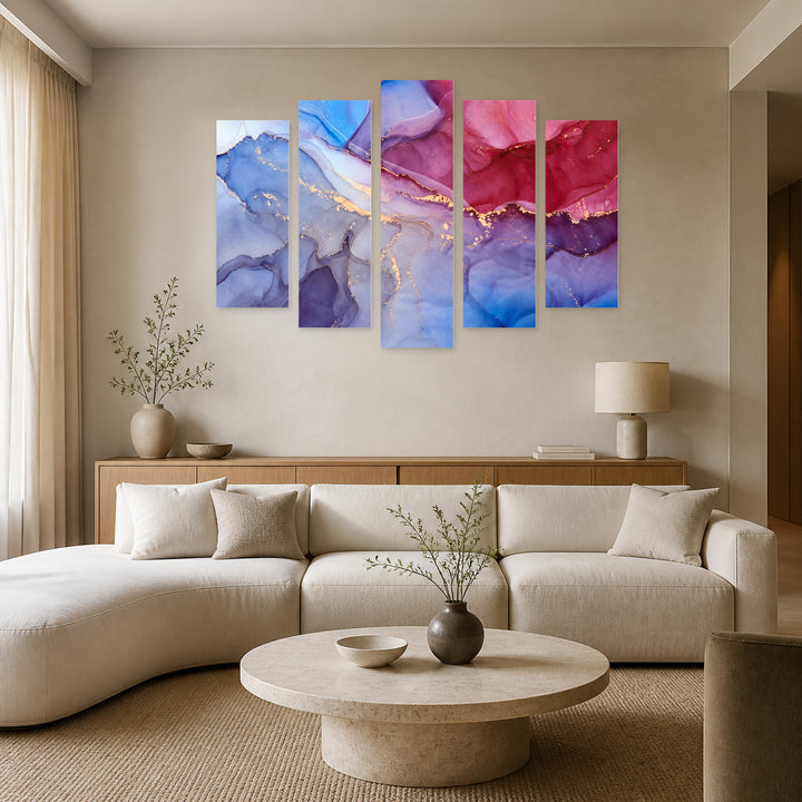 Multicolor Marble Abstraction in Blue and Gold — five-panel wall art in alternate frontal interior | 5wallart 54992 M4