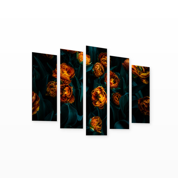 Blooming Tulips with Geometric Rhythm — five-panel wall art on white background in perspective | 5wallart 54993 M1