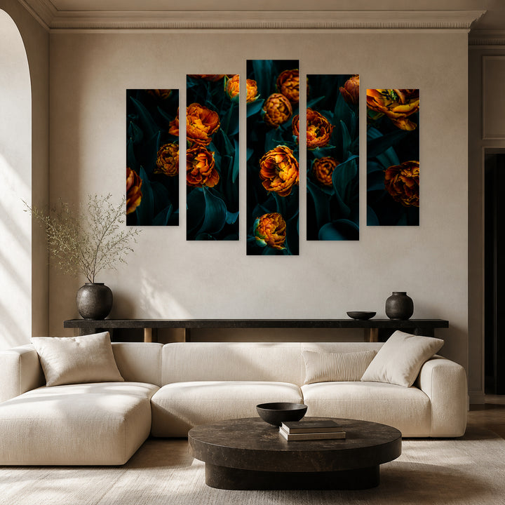Blooming Tulips with Geometric Rhythm — five-panel wall art in frontal interior | 5wallart 54993 M3
