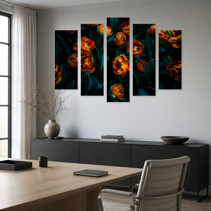 Blooming Tulips with Geometric Rhythm — five-panel wall art in alternate frontal interior | 5wallart 54993 M4