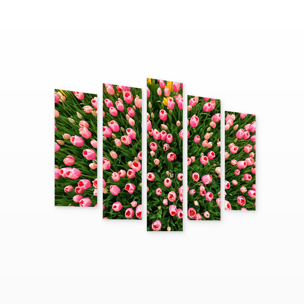 Pink Tulips in Serene Light — five-panel wall art on white background in perspective | 5wallart 54994 M1