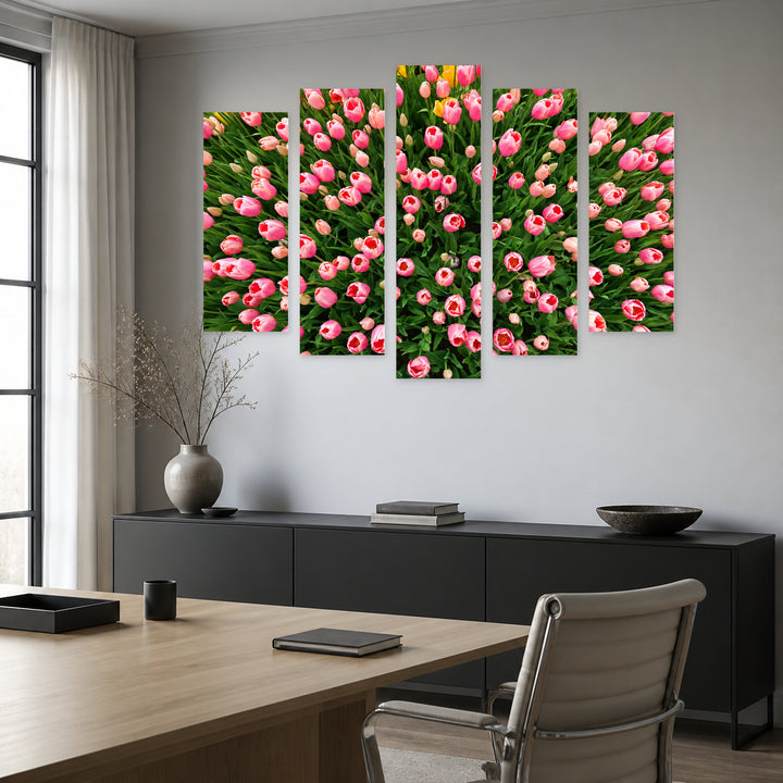 Pink Tulips in Serene Light — five-panel wall art in frontal interior | 5wallart 54994 M3