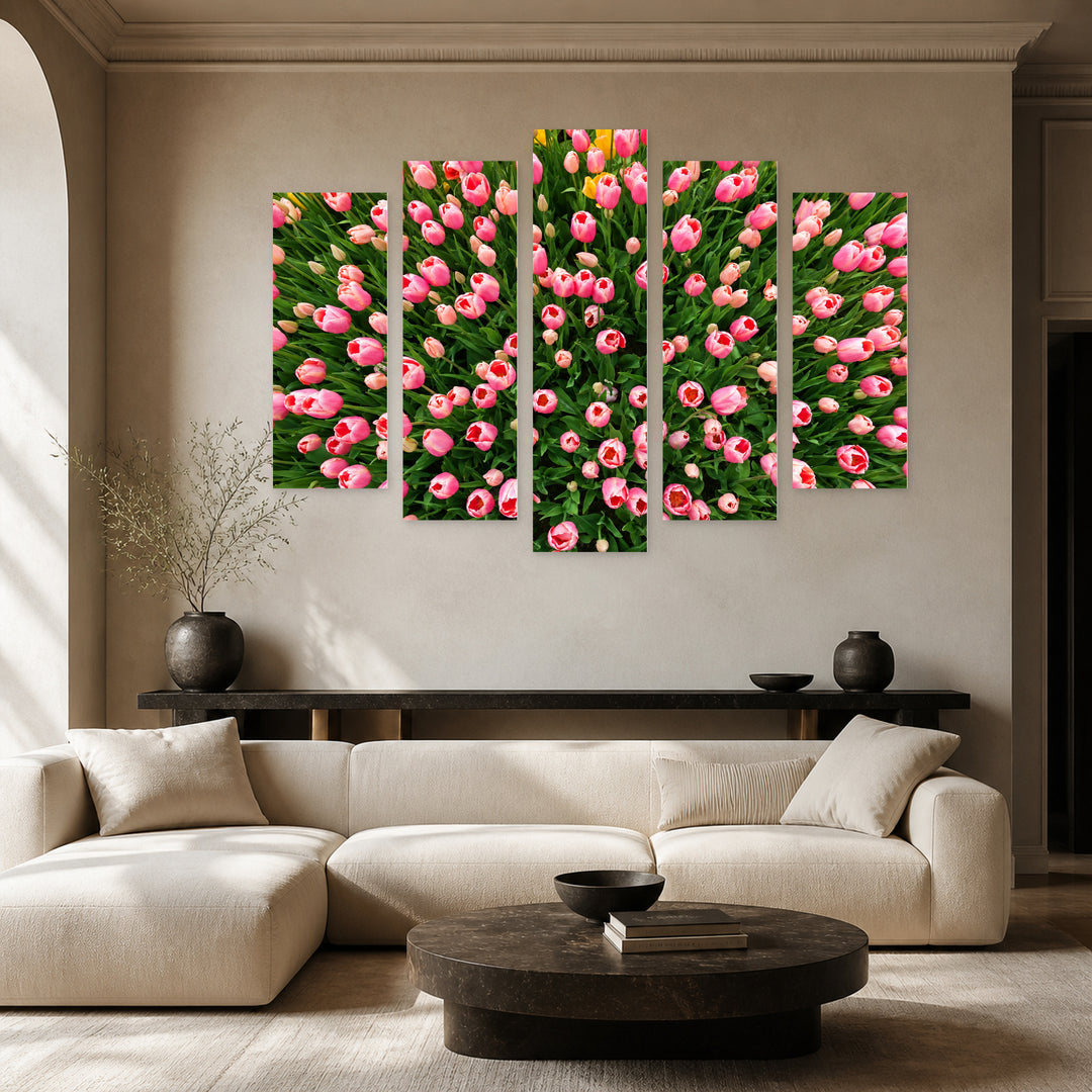 Pink Tulips in Serene Light — five-panel wall art in alternate frontal interior | 5wallart 54994 M4