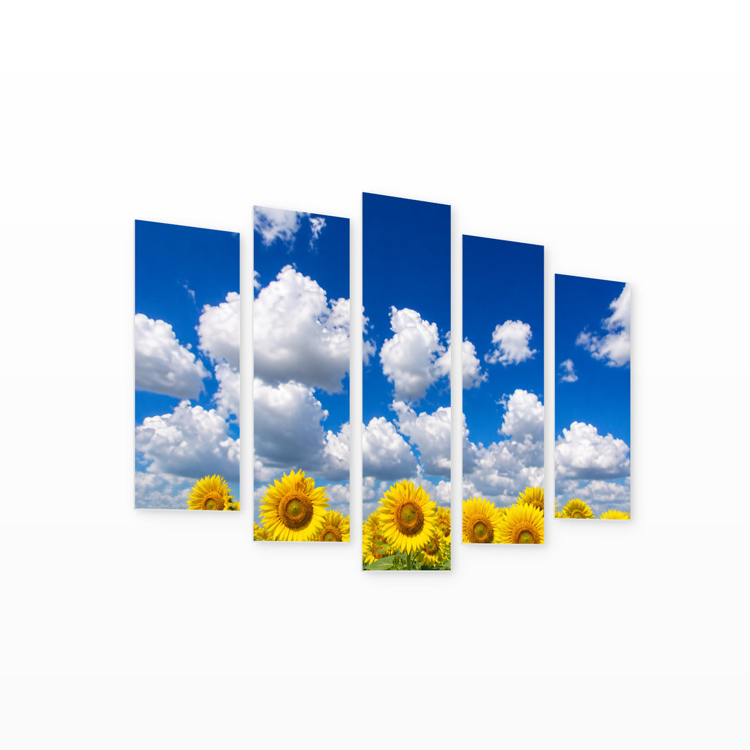 Sunflower Field in Blue and Gold — five-panel wall art on white background in perspective | 5wallart 54995 M1