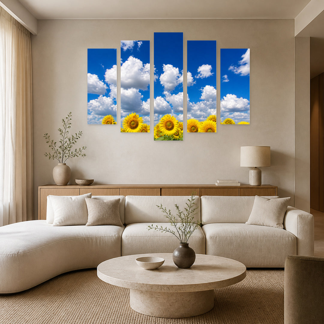 Sunflower Field in Blue and Gold — five-panel wall art in frontal interior | 5wallart 54995 M3