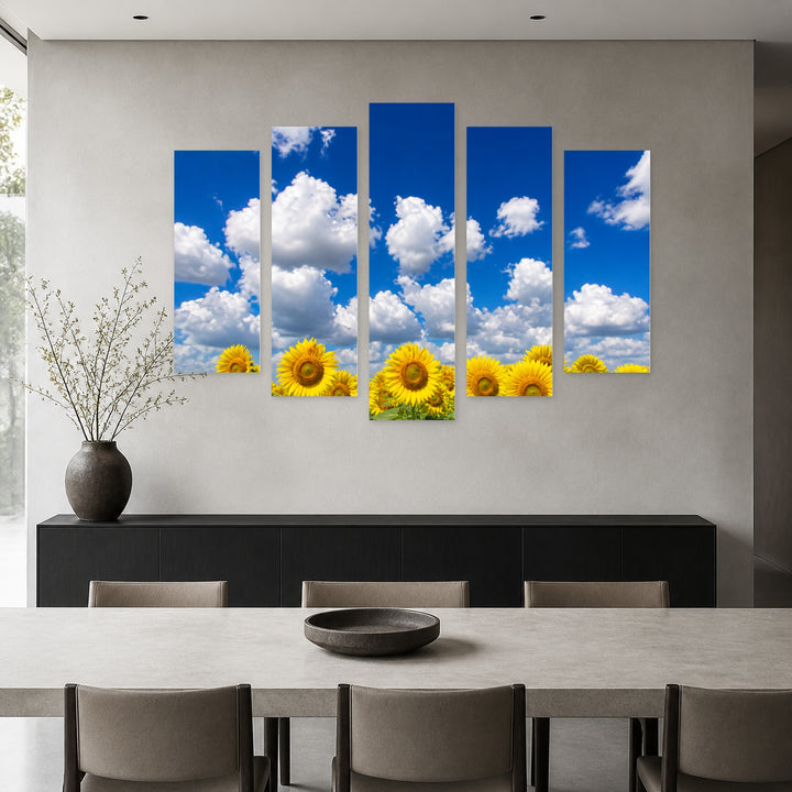 Sunflower Field in Blue and Gold — five-panel wall art in alternate frontal interior | 5wallart 54995 M4