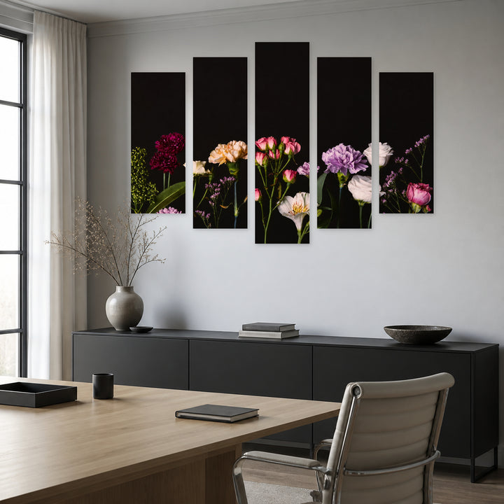 Blooming Flowers with Dreamlike Atmosphere — five-panel wall art in frontal interior | 5wallart 54996 M3