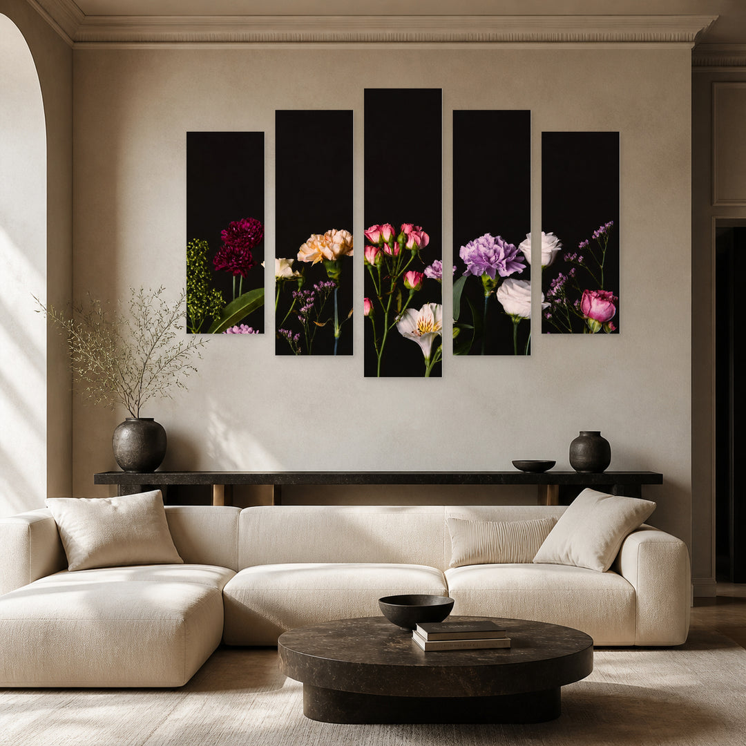Blooming Flowers with Dreamlike Atmosphere — five-panel wall art in alternate frontal interior | 5wallart 54996 M4