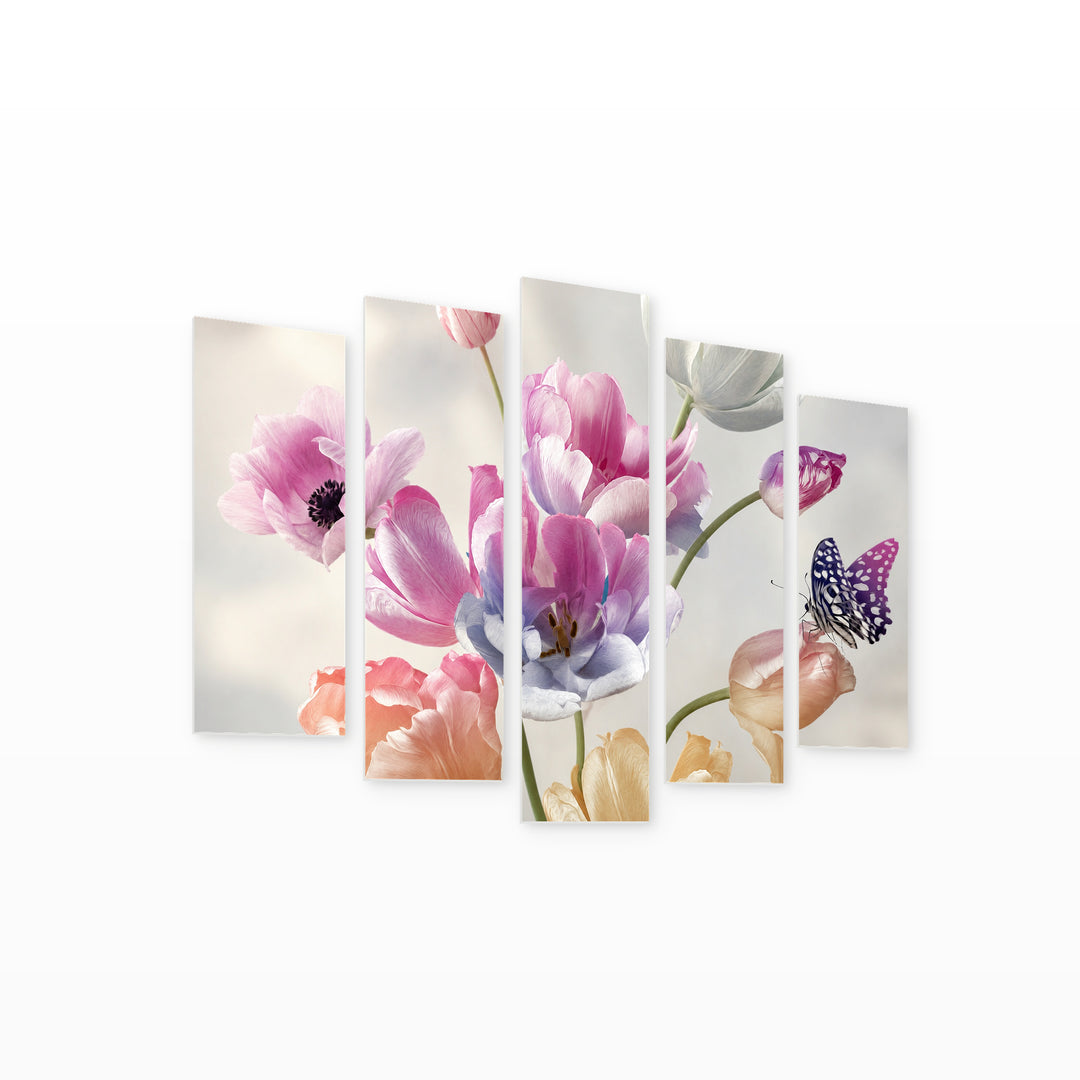Floral Decoration in Pastel Colors in Serene Light — five-panel wall art on white background in perspective | 5wallart 54997 M1