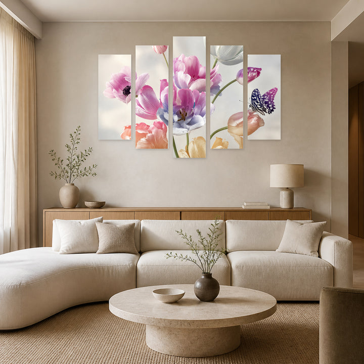 Floral Decoration in Pastel Colors in Serene Light — five-panel wall art in frontal interior | 5wallart 54997 M3