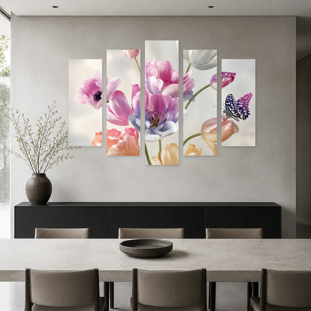 Floral Decoration in Pastel Colors in Serene Light — five-panel wall art in alternate frontal interior | 5wallart 54997 M4