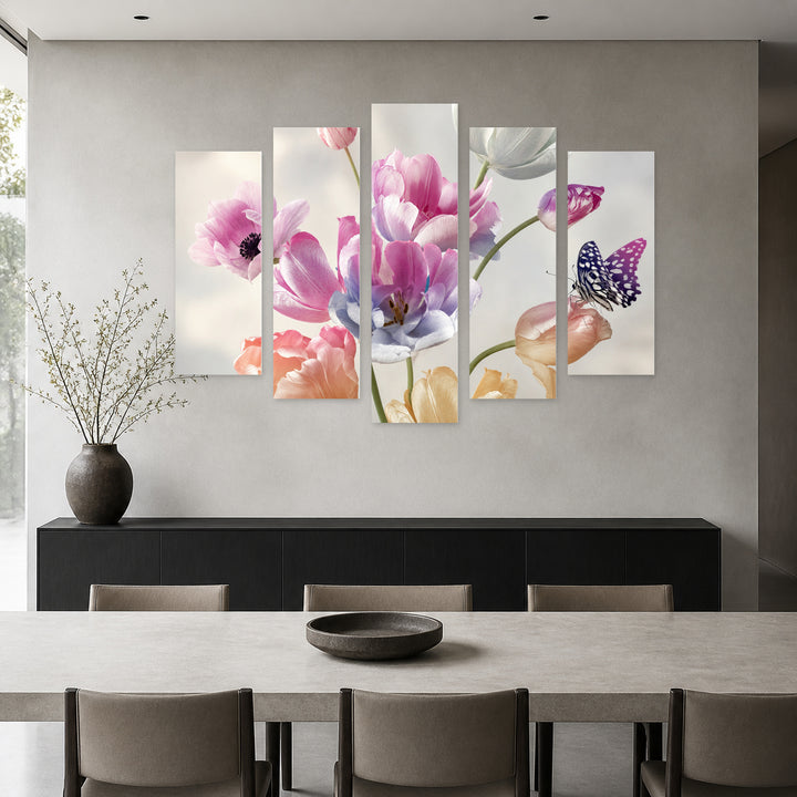 Floral Decoration in Pastel Colors in Serene Light — five-panel wall art in alternate frontal interior | 5wallart 54997 M4