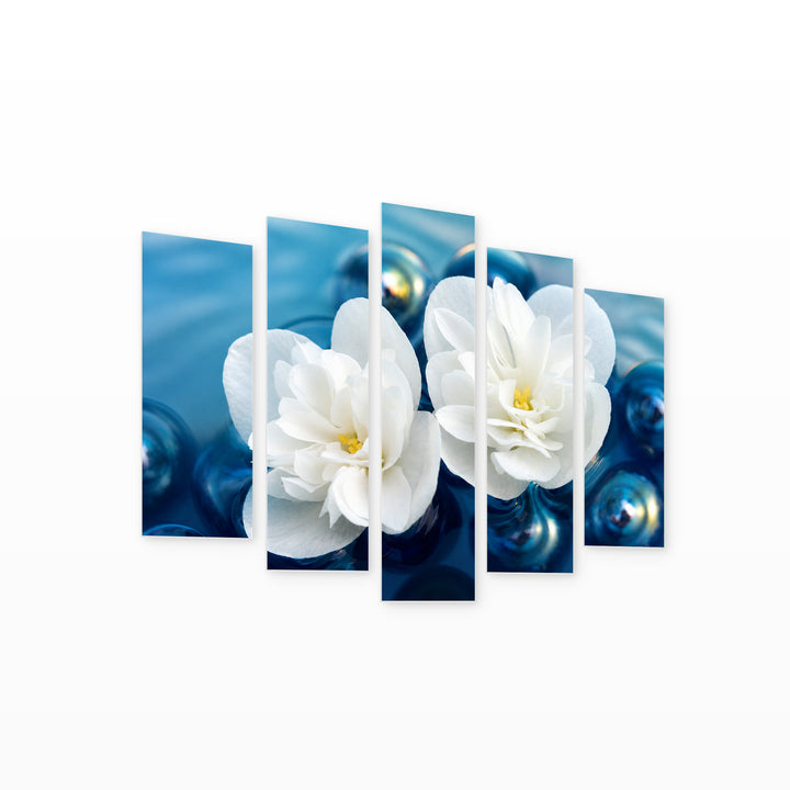 White Jasmine in Water in Serene Light — five-panel wall art on white background in perspective | 5wallart 54998 M1