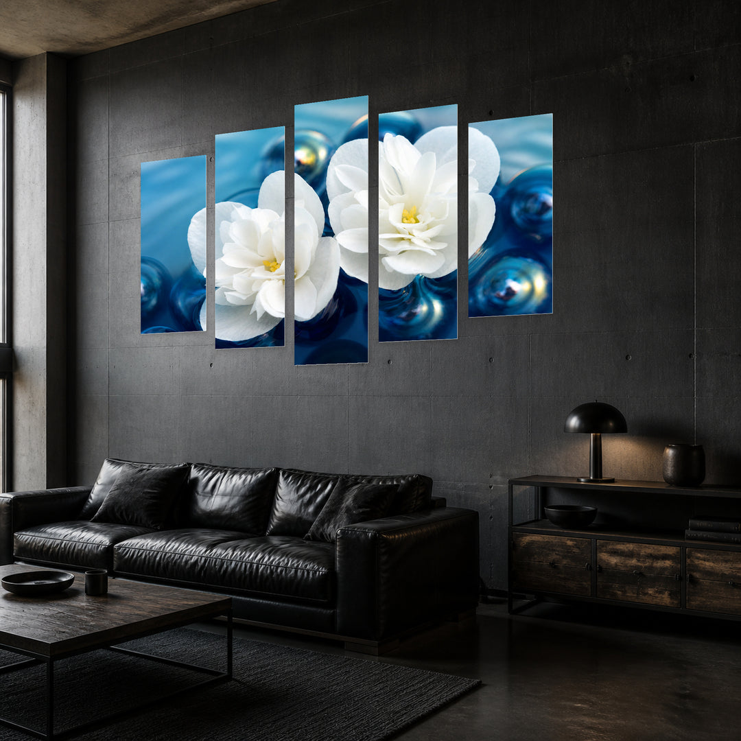 White Jasmine in Water in Serene Light — five-panel wall art in perspective interior | 5wallart 54998 M2