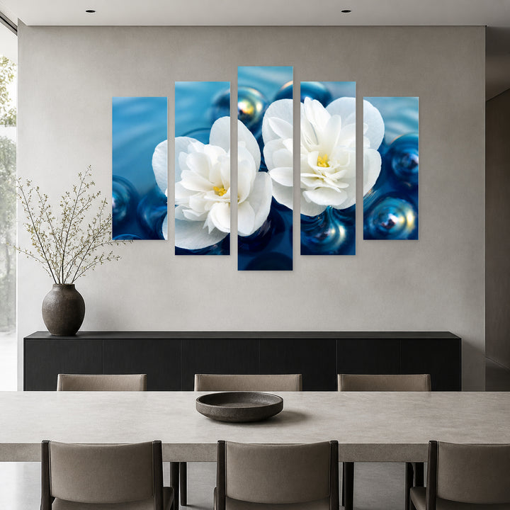 White Jasmine in Water in Serene Light — five-panel wall art in frontal interior | 5wallart 54998 M3