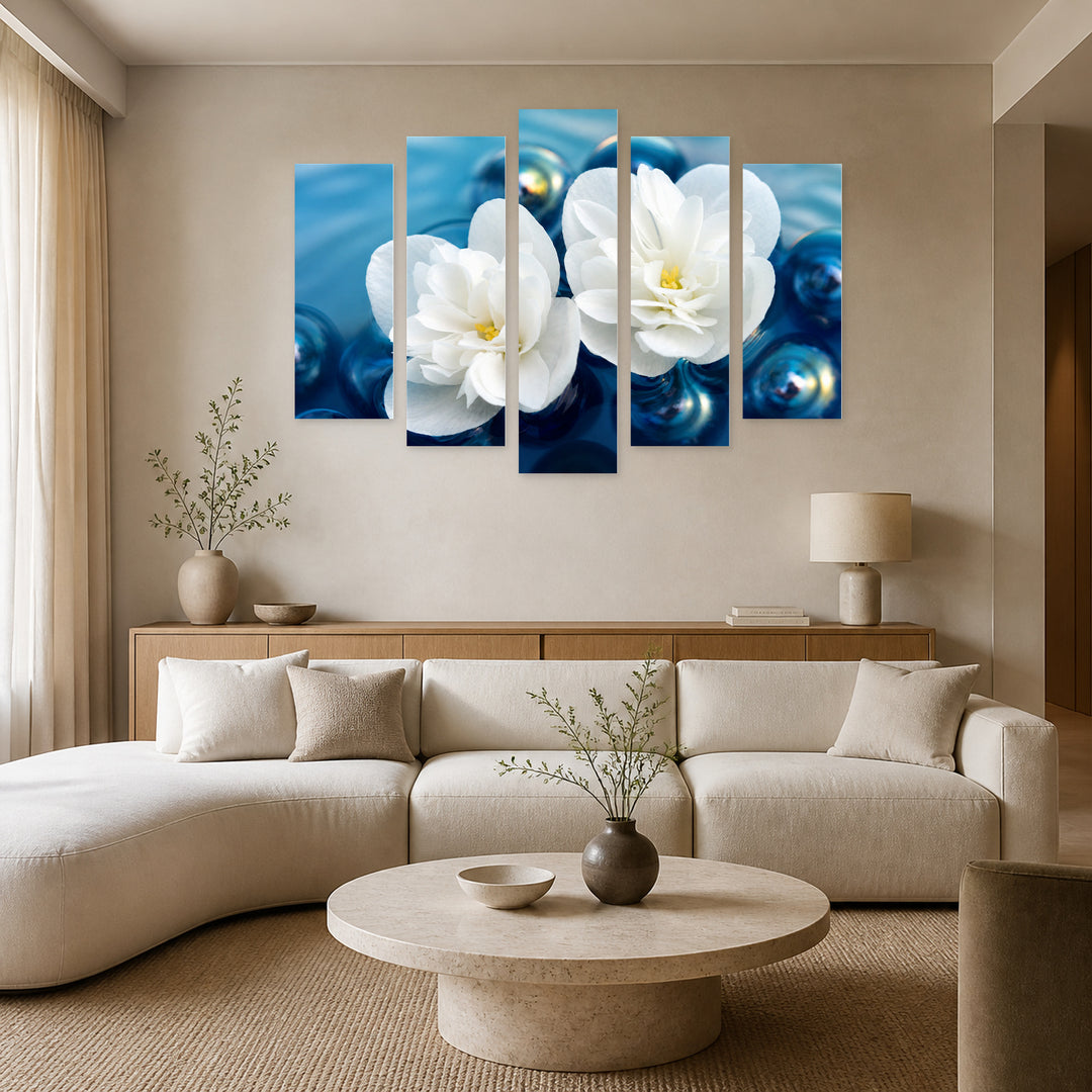 White Jasmine in Water in Serene Light — five-panel wall art in alternate frontal interior | 5wallart 54998 M4