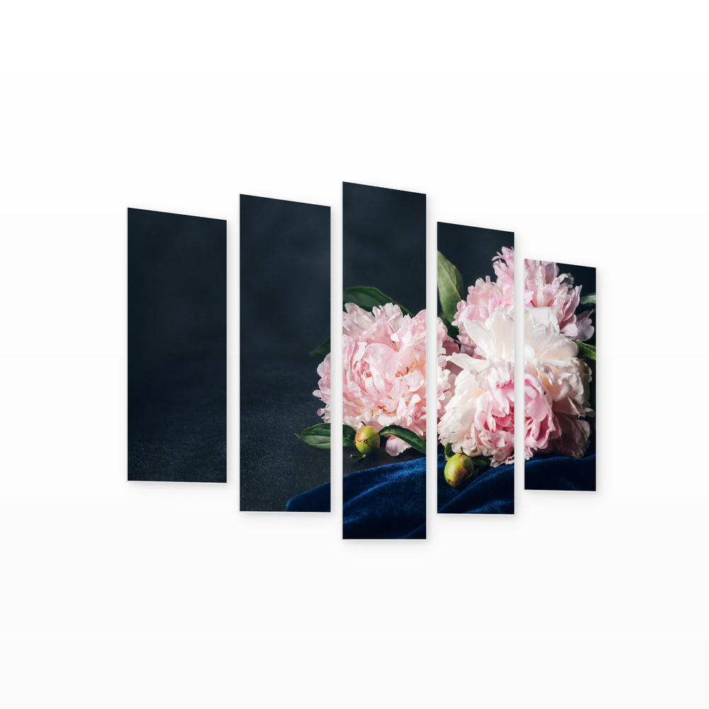 Light Pink Peonies with Dreamlike Atmosphere — five-panel wall art on white background in perspective | 5wallart 54999 M1