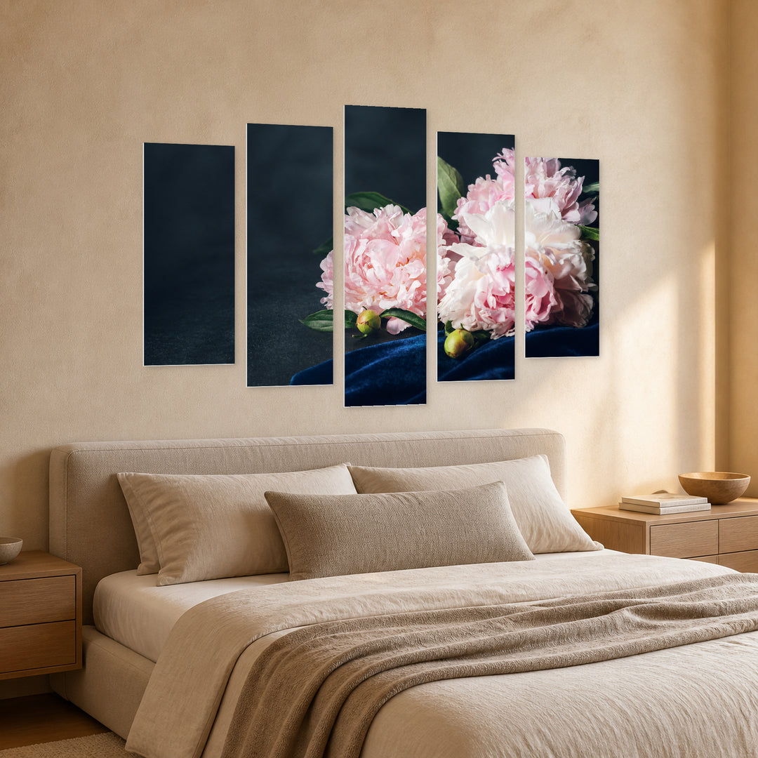 Light Pink Peonies with Dreamlike Atmosphere — five-panel wall art in perspective interior | 5wallart 54999 M2