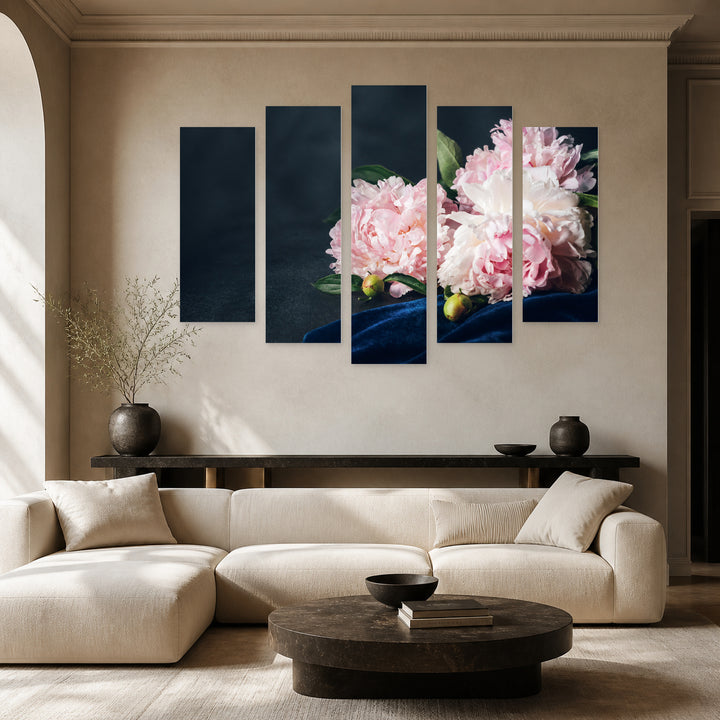 Light Pink Peonies with Dreamlike Atmosphere — five-panel wall art in frontal interior | 5wallart 54999 M3